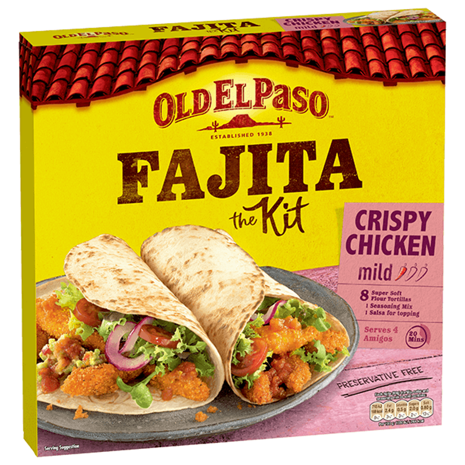 pack of Old El Paso's crispy chicken mild fajita kit containing soft flour tortillas, seasoning mix & salsa (555g)